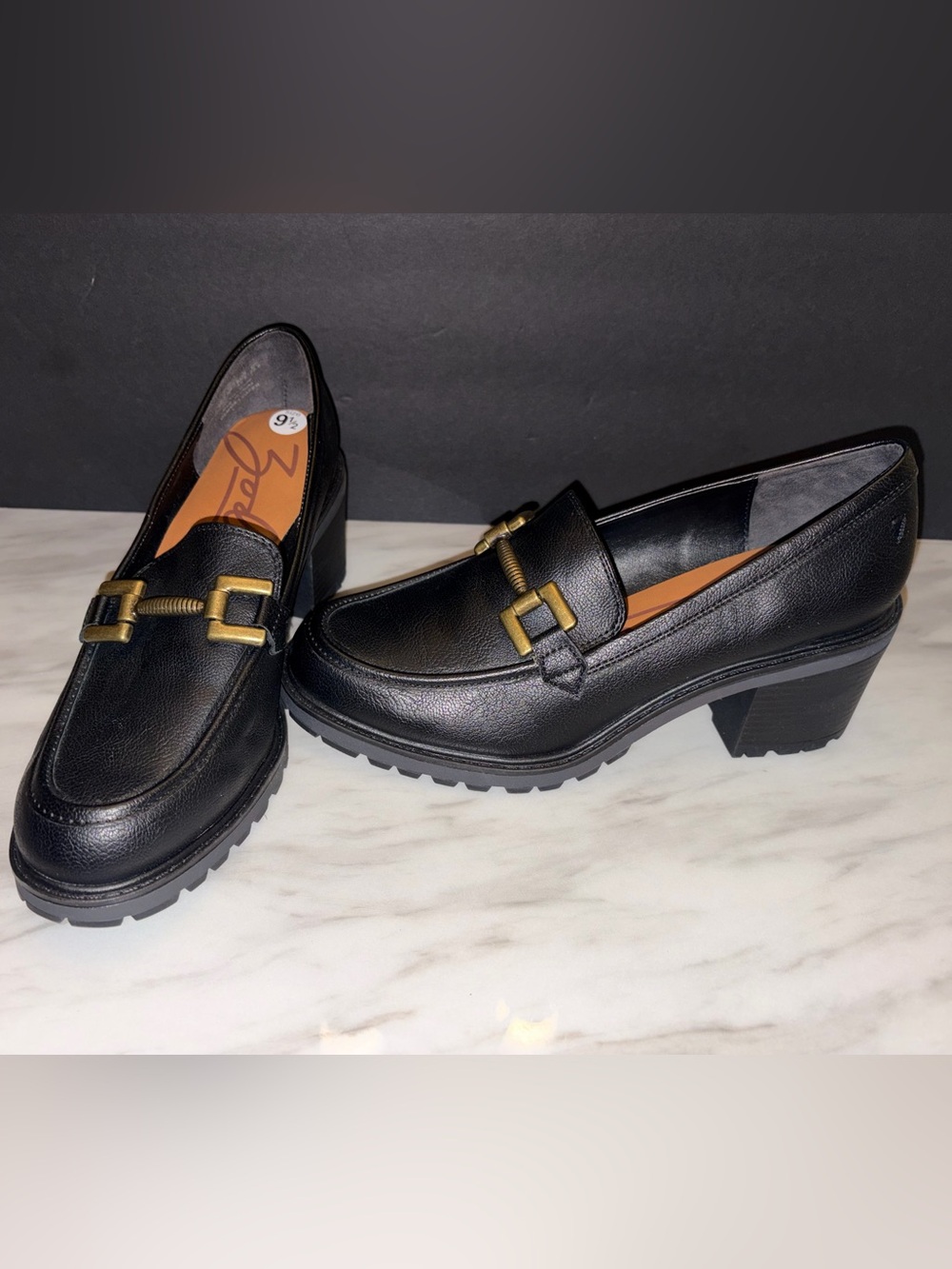 Zodiac Black Platform Lug Sole Heeled Loafers Buckle Detail Size 9.5
